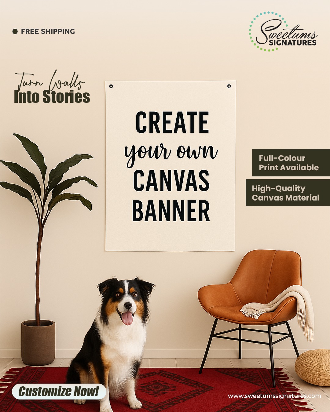 Sweetums Signatures Facebook ad: CUSTOM CANVAS BANNERS, YOUR WALL, YOUR STORY!