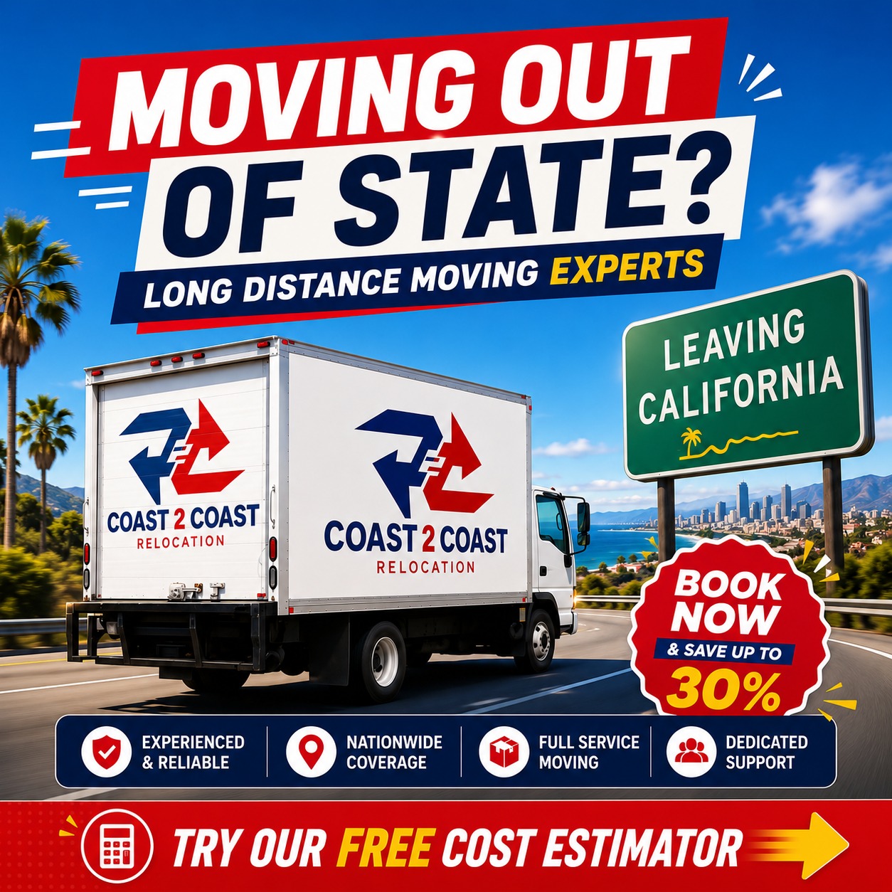 Coast 2 Coast Relocation USA Facebook ad: Up to 30% OFF Out-of-State Moves