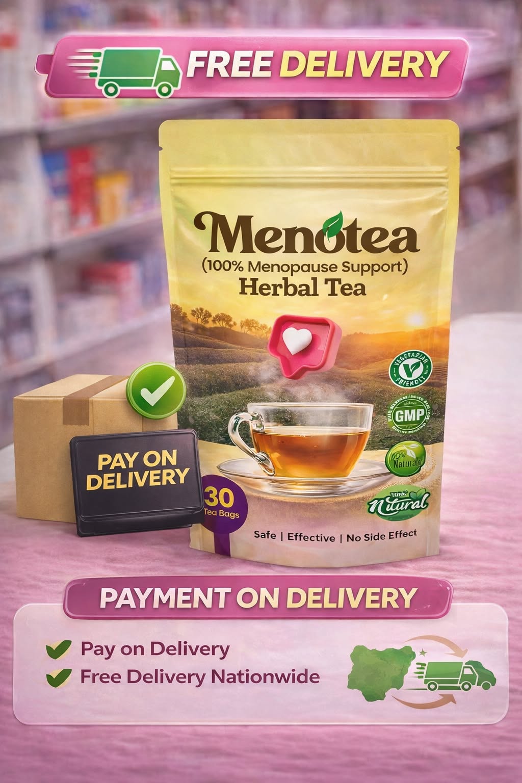 Menopause tea Facebook ad: GET 30% OFF + FREE DELIVERY