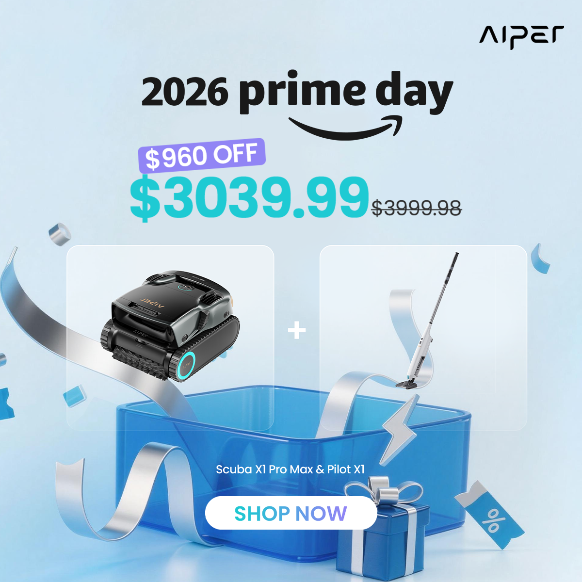 Aiper Facebook ad: Prime Savings: Scuba X1 Pro Max bundles, save…