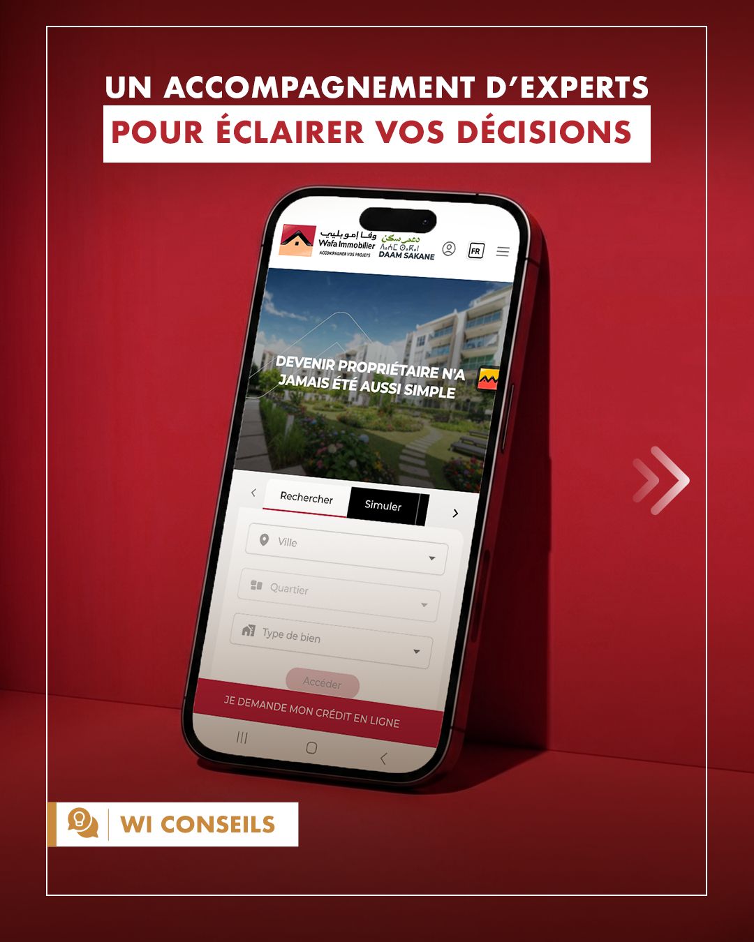 Wafa Immobilier Facebook ad: Un projet immobilier se construit étape par étape.