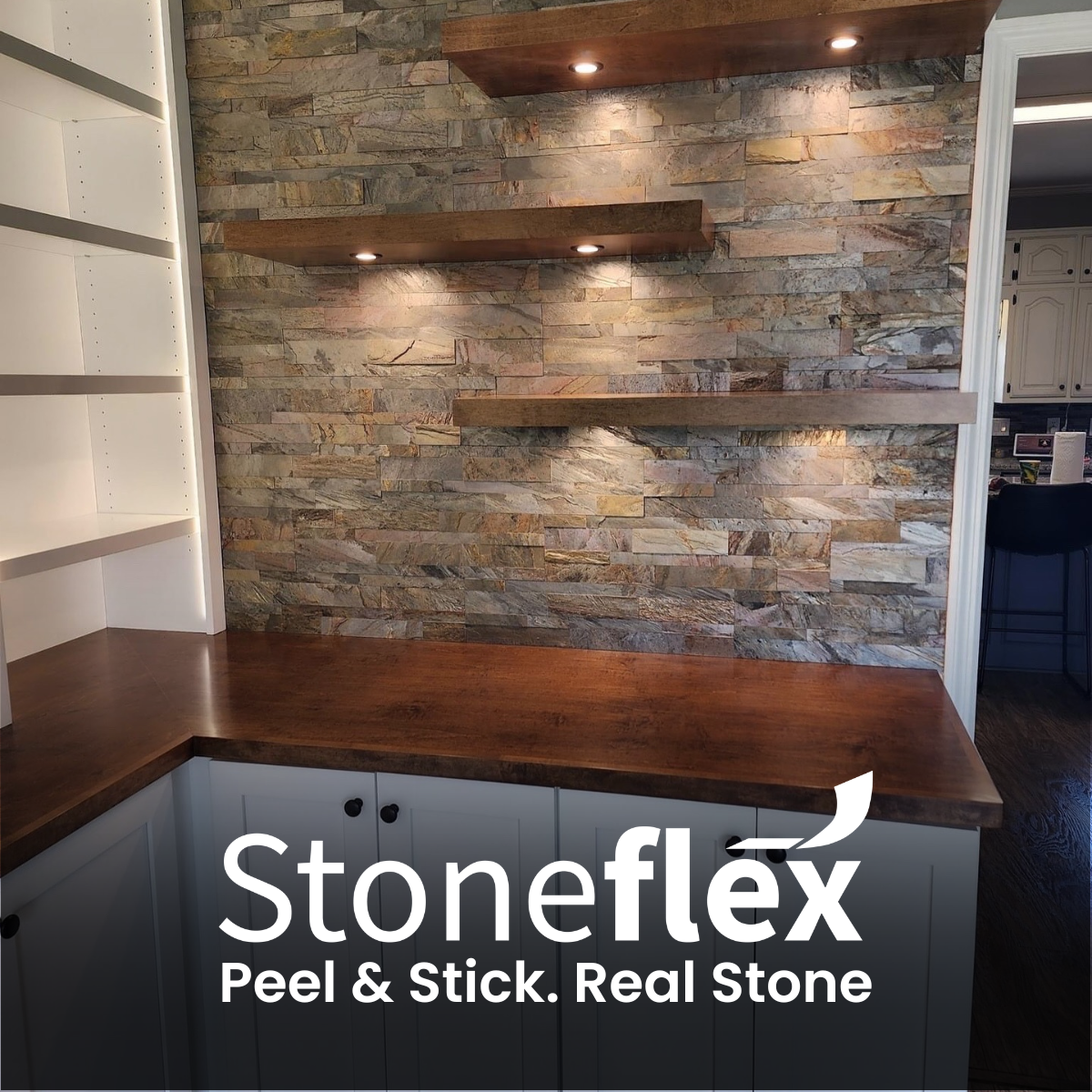 Stoneflex USA Facebook ad: Backsplash Upgrade. Real Stone.