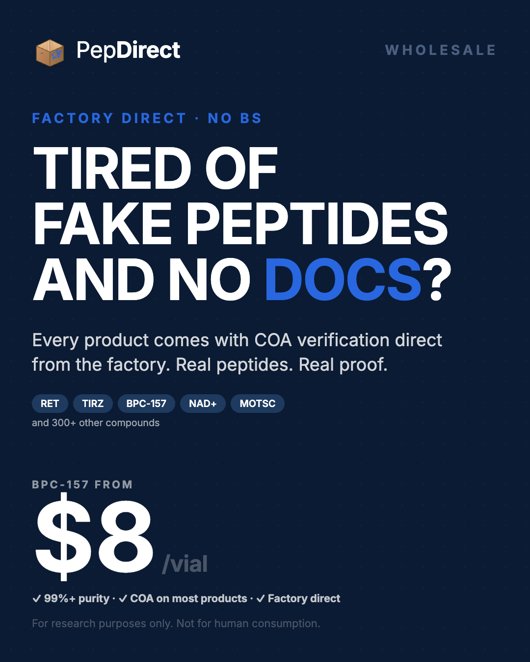 PepDirect Facebook ad: Factory Direct Research Peptides