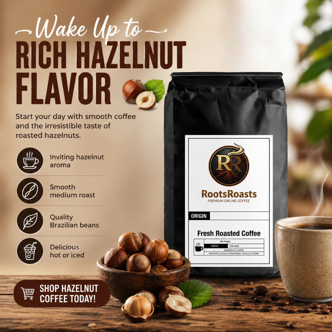 RootsRoats Coffee Co. Facebook ad: Hazelnut Lovers-Your New Favorite Coffee Is Here.