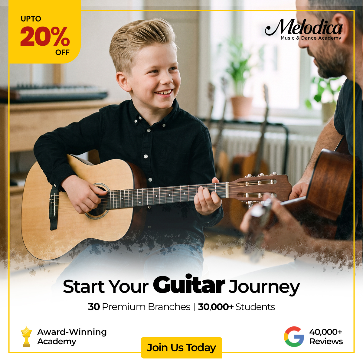 Melodica Music Academy Facebook ad: Certified Guitar Teachers