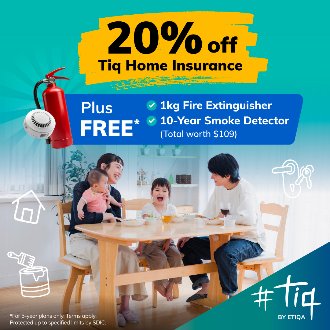 Tiq by Etiqa Insurance Facebook ad: Protect your home with 20% off Tiq Home