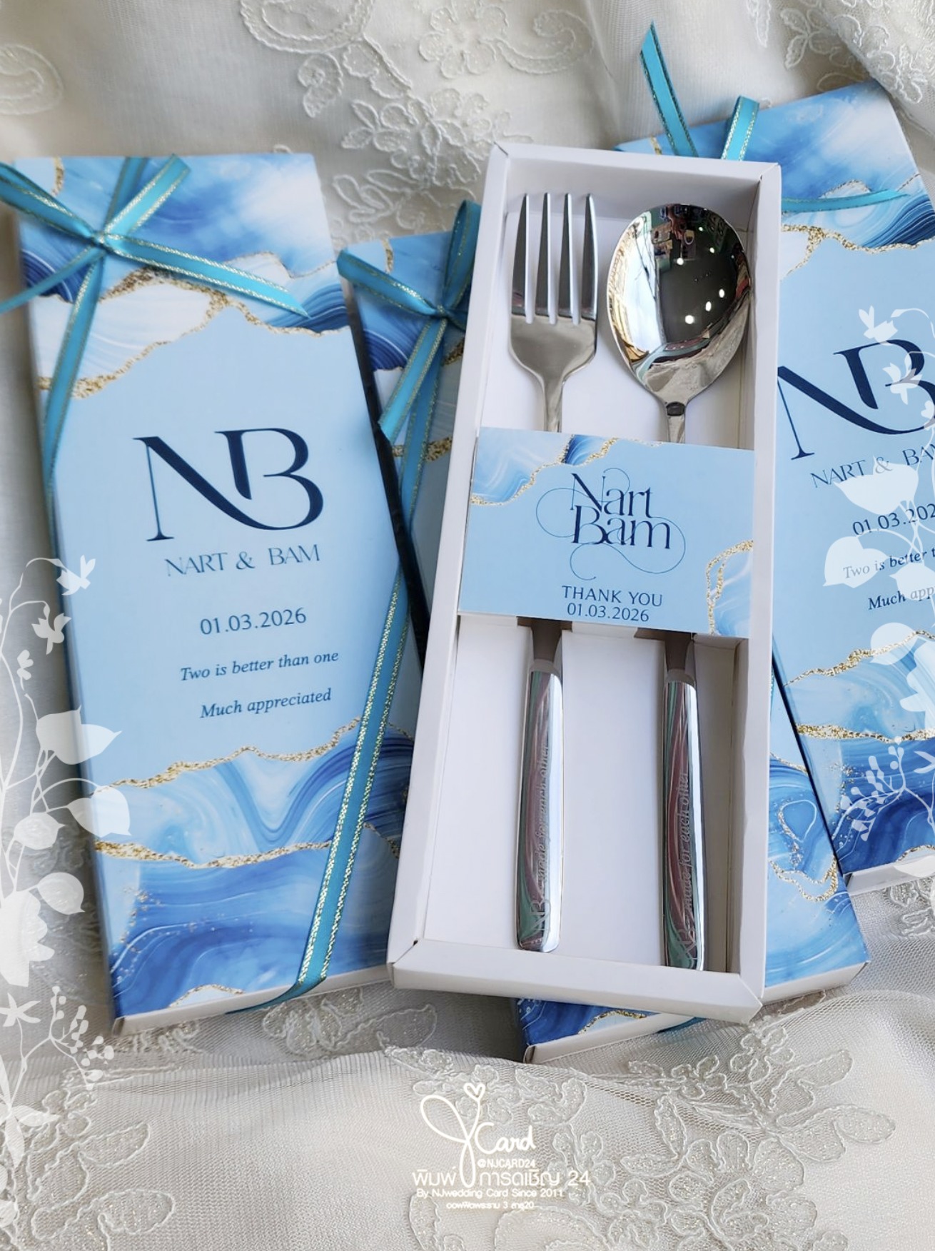 พิมพ์การ์ดเชิญ 24ชม by njweddingcard ของชำร่วย ของรับไหว้ Facebook ad: ของชำร่วยช้อน-ส้อม SUS304 พร้อมกล่องโบว์