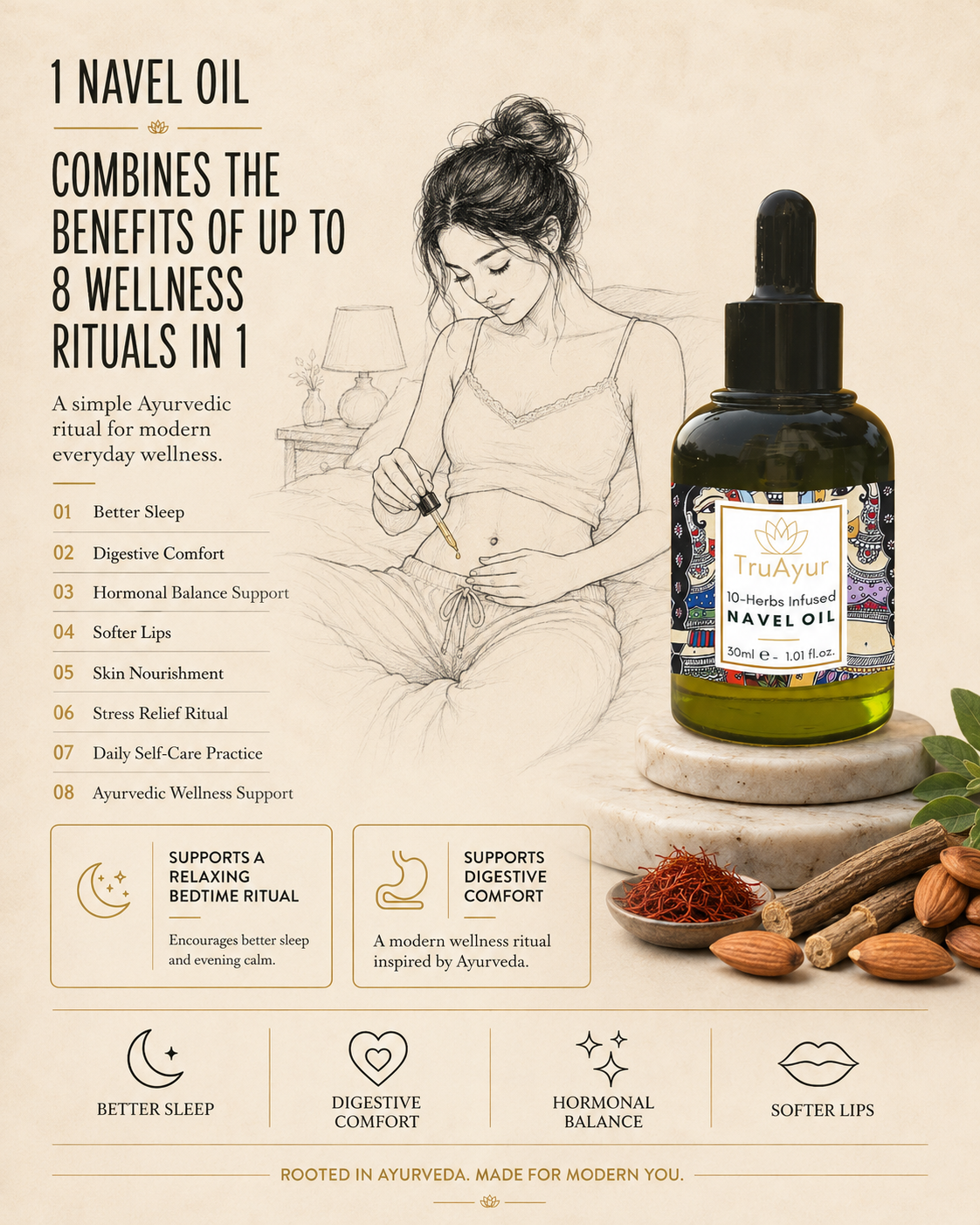 TruAyur US Facebook ad: 10-Herbs Navel Oil for Hormonal Balance, Deeper Sleep &…