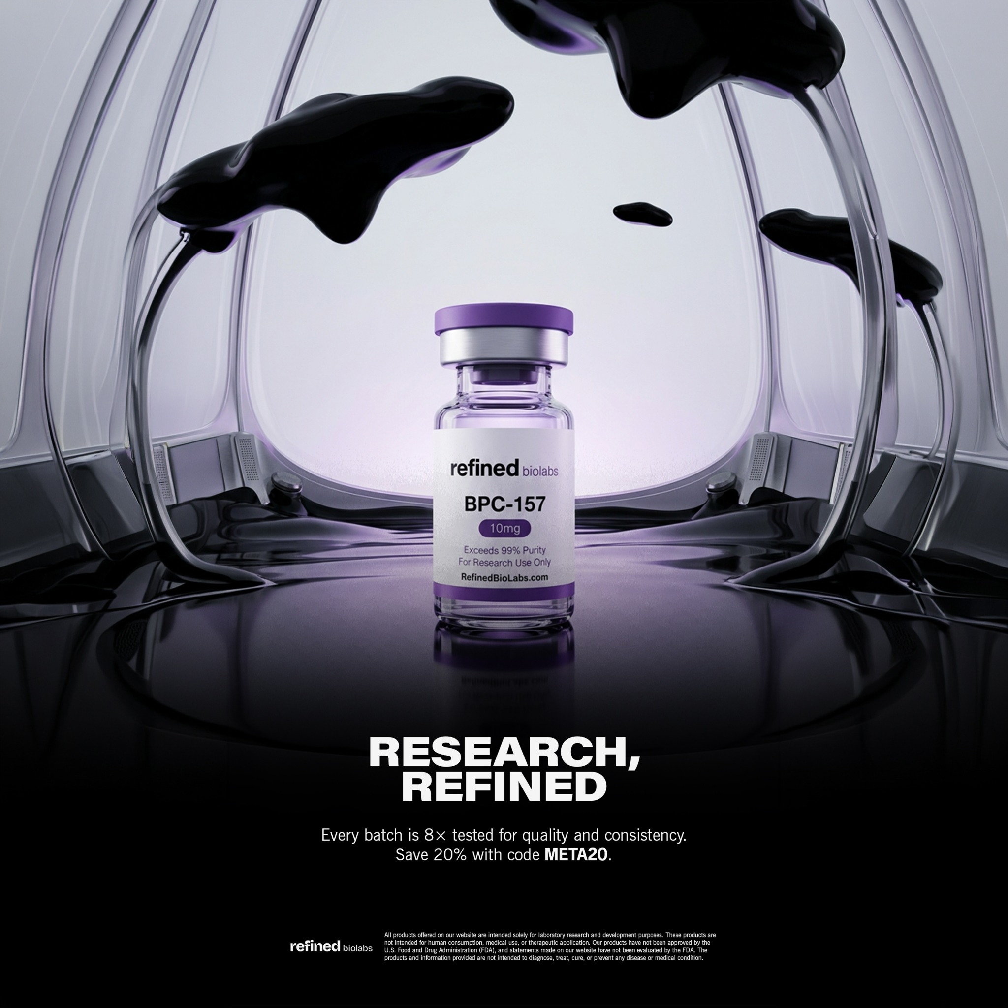 Refined Bio Labs Facebook ad: 8x Tested. Every Lot. 20% Off