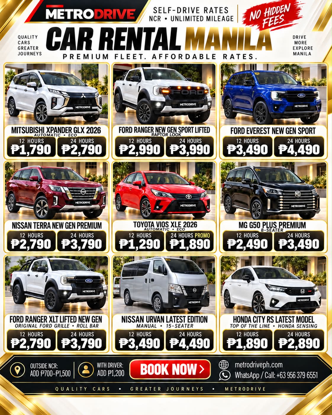 Metrodrive PH Car Rental Manila Facebook ad: BOOK ONLINE: https://www.metrodriveph.com
