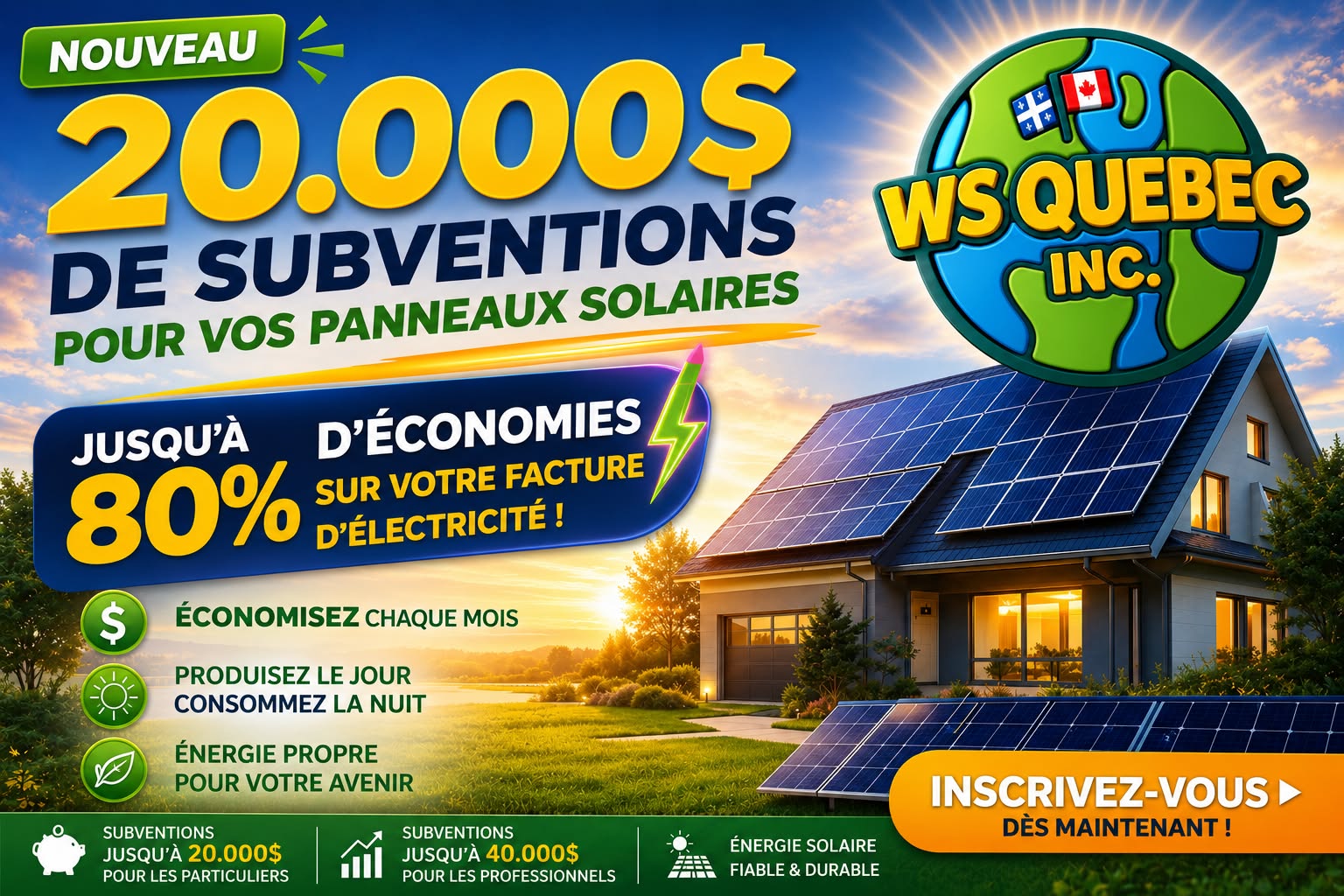 Subventions panneaux solaires Facebook ad: NOUVEAU! JUSQU'A 20.000$ pour les particuliers