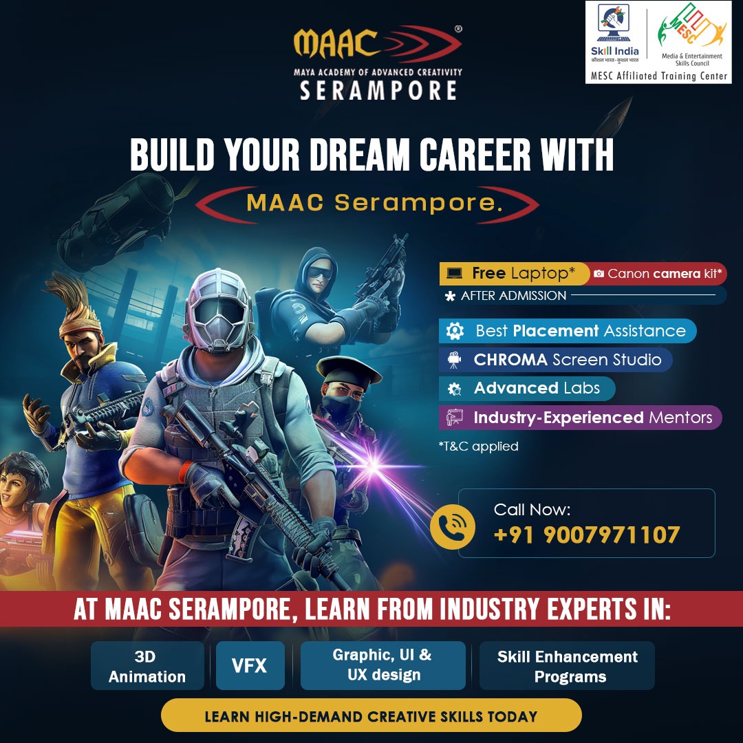 MAAC Serampore Facebook ad: Build a Successful Career in Animation, VFX, Web Design more