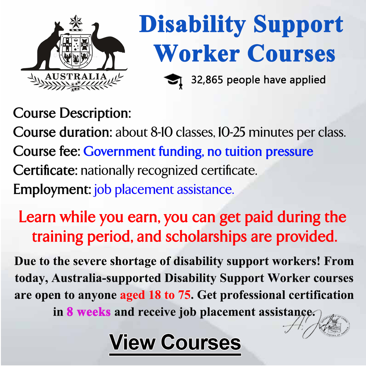 Universal-assistant Facebook ad: Disability Support Worker courses