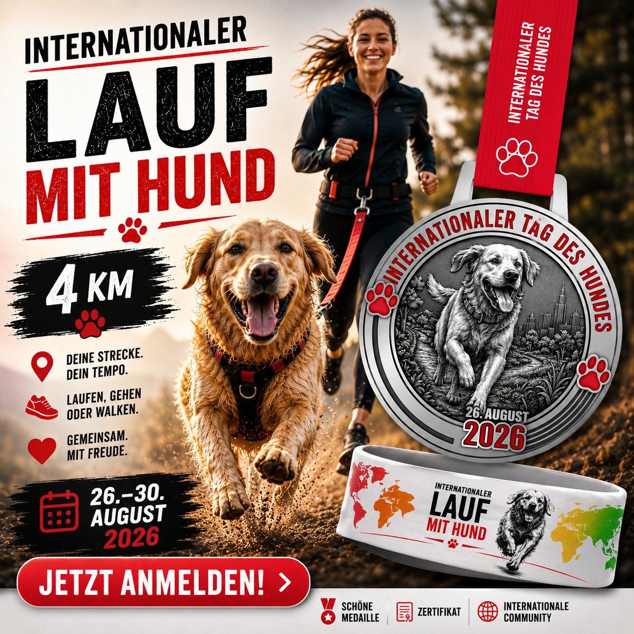 Läuferische Challenge Facebook ad: Internationaler Tag des Hundes 2026, Anmeldung läuft!