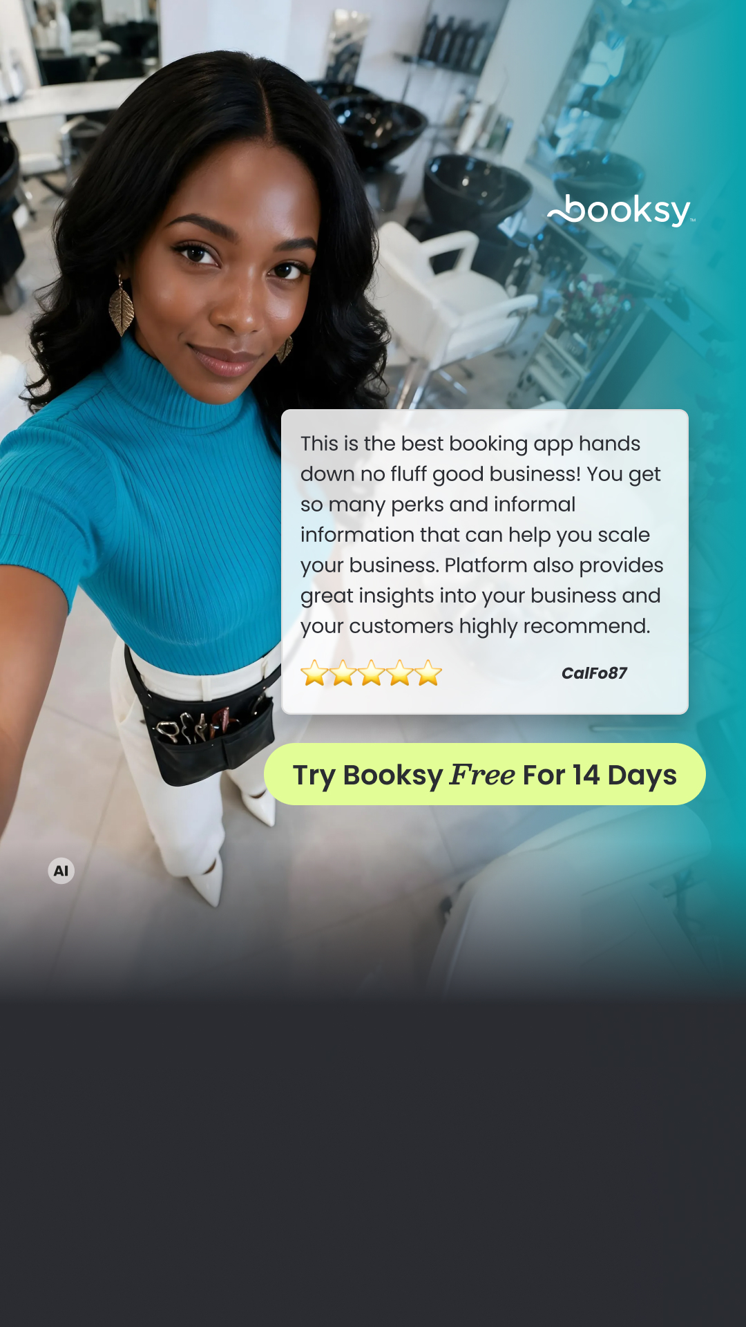 Booksy Facebook ad: Try Booksy FREE for 14 days. No credit card or commitment…