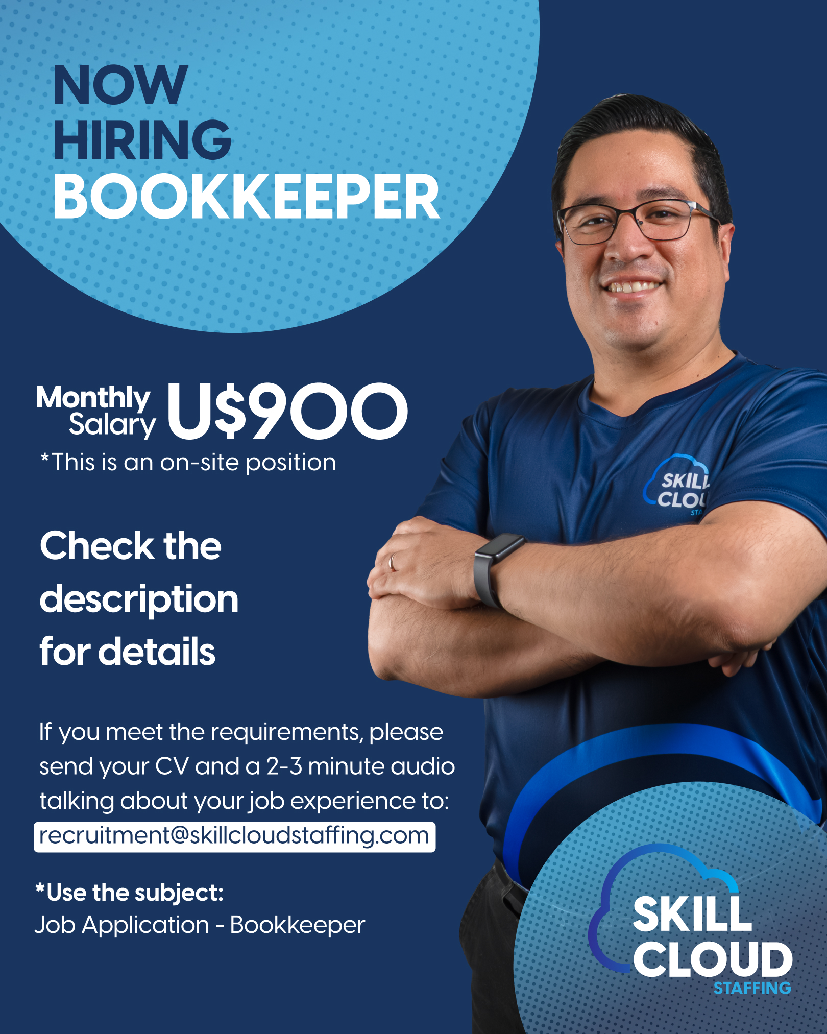 Skill Cloud Staffing Facebook ad: Now Hiring: Bookkeeper - Salary: $900/month