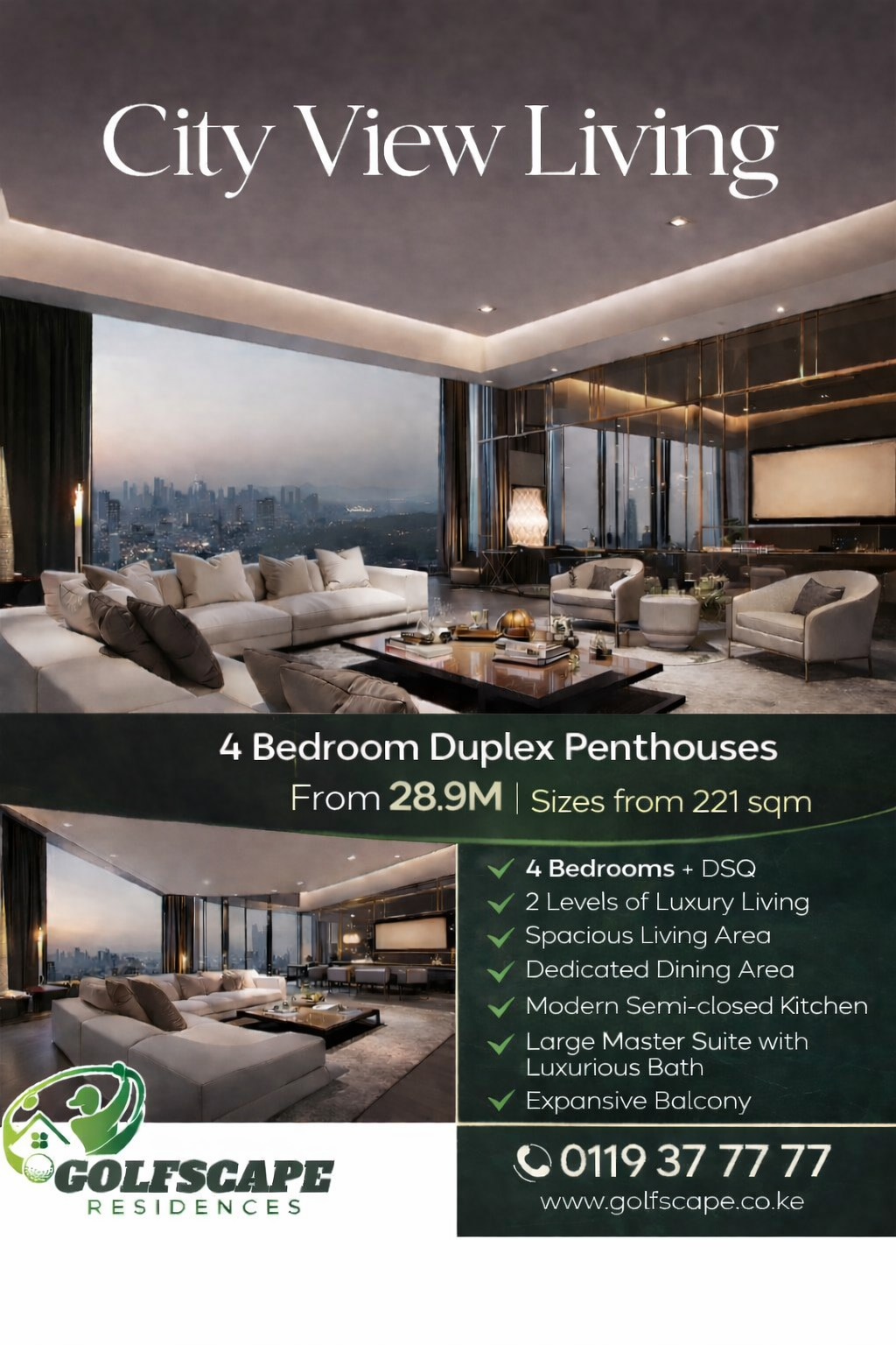 Golfscape Residences Facebook ad: 4 BEDROOM DUPLEX PENTHOUSES OVERLOOKING UPPERHILL FROM 22M