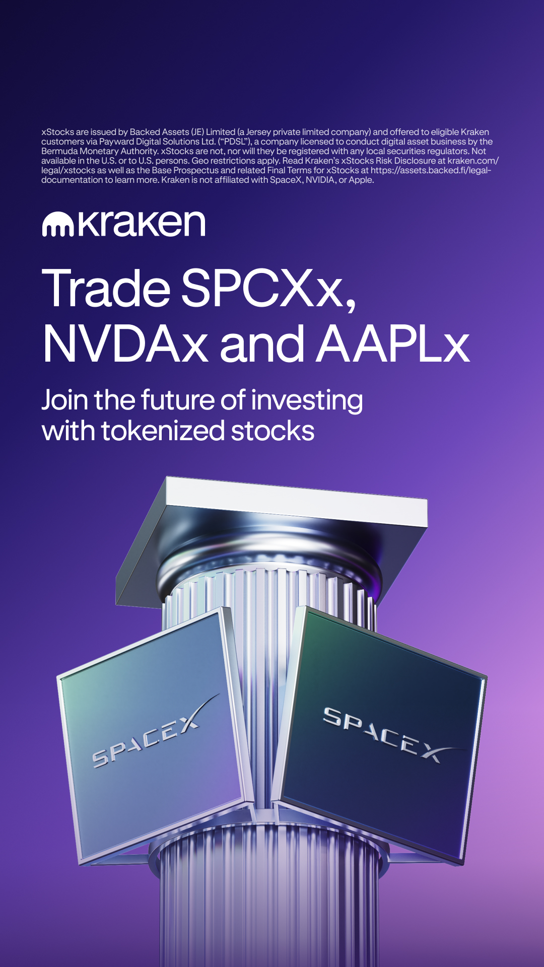Kraken Digital Asset Exchange Facebook ad: 55+ tokenized US equities available