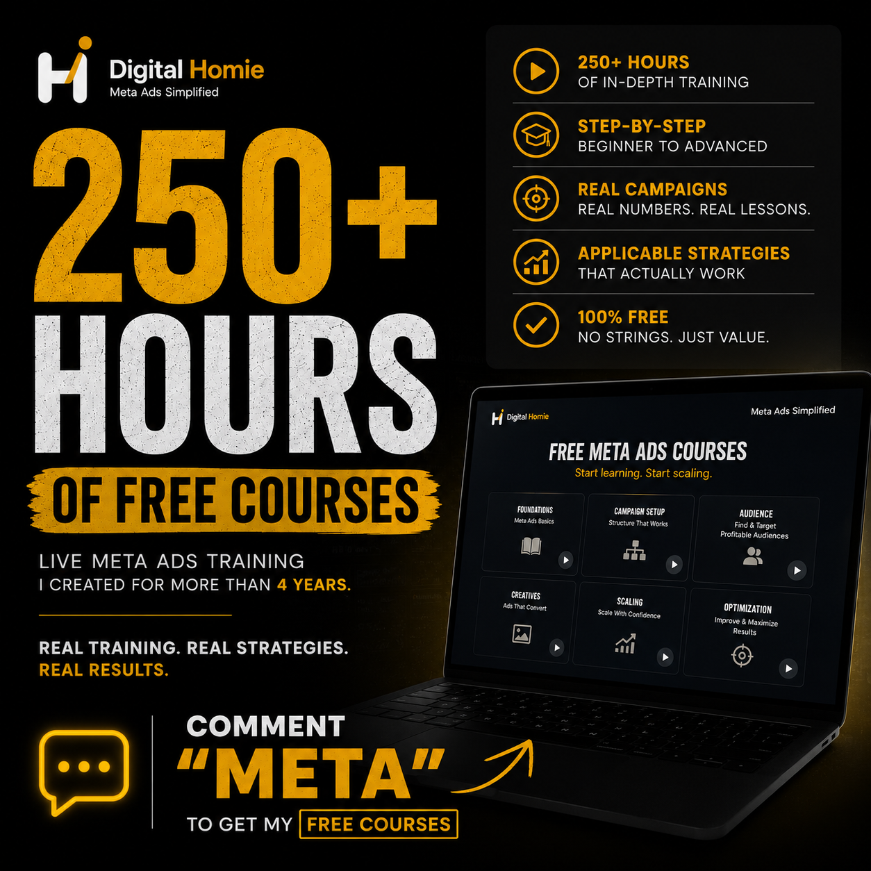 Digital Homie Facebook ad: 250+ Hours of Meta Ads Training - FREE