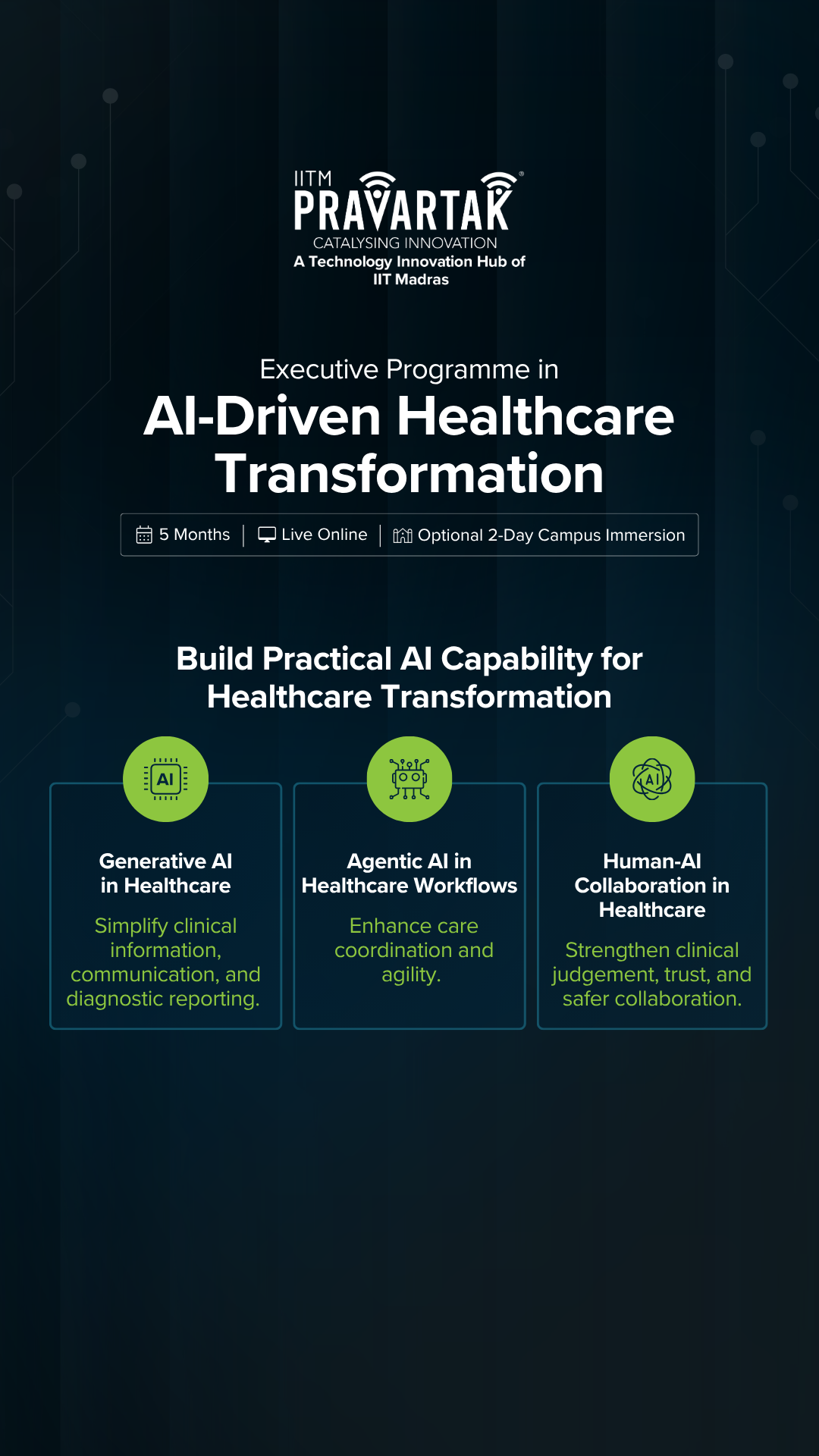 IITM Pravartak Executive Programme in AI-Driven Healthcare Transformation Facebook ad: Apply AI Across the Healthcare Value Chain