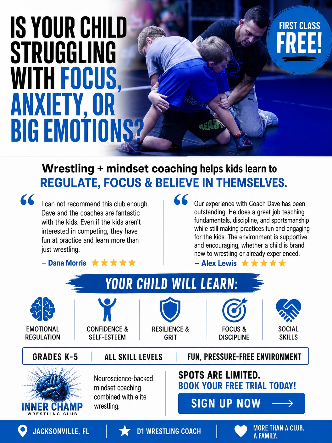 Inner Champ Wrestling Club Facebook ad: Your Kid Is Growing Up Soft. This Fixes That.
