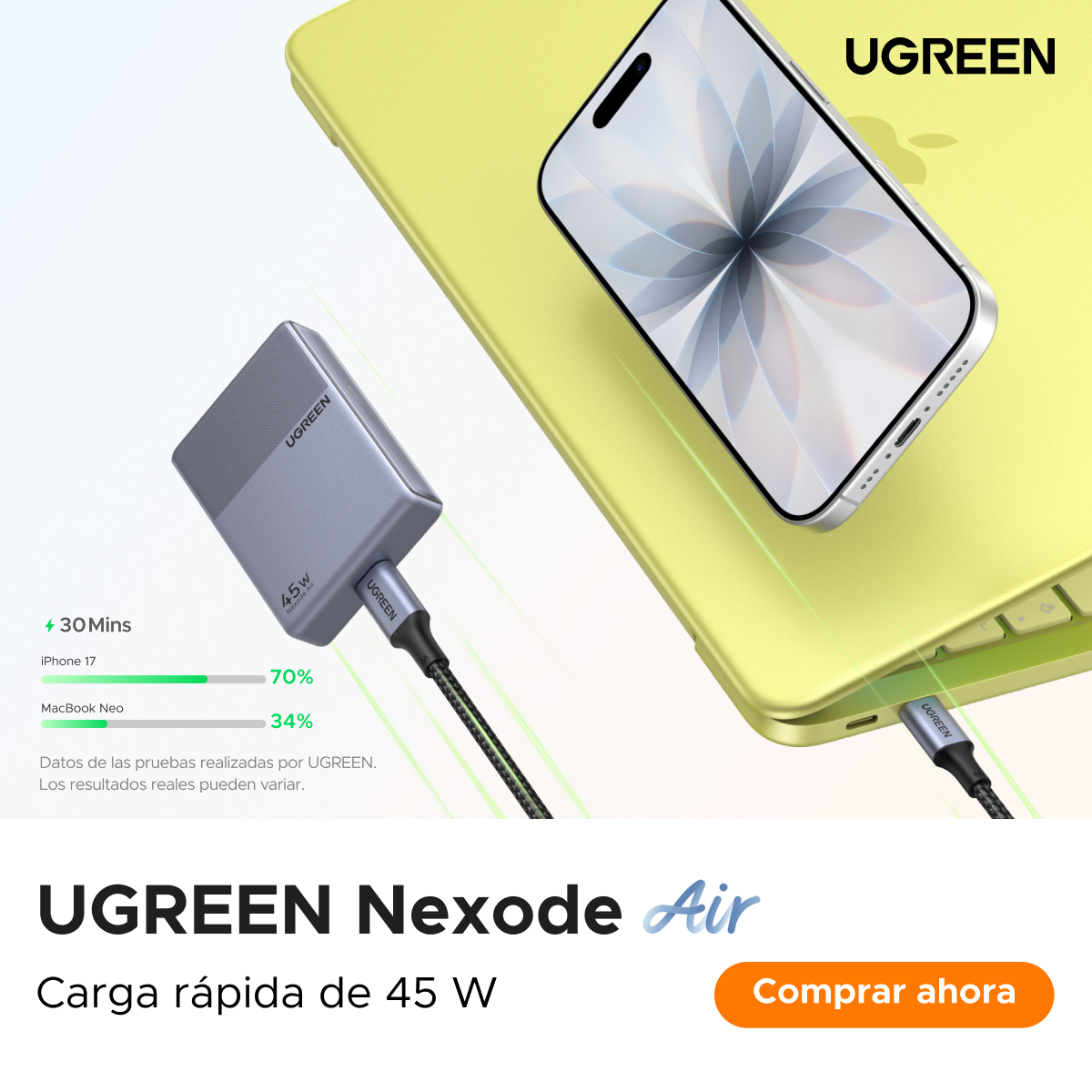 Ugreenmx Facebook ad: Cargador USB-C UGREEN Nexode Air Slim de 45 W