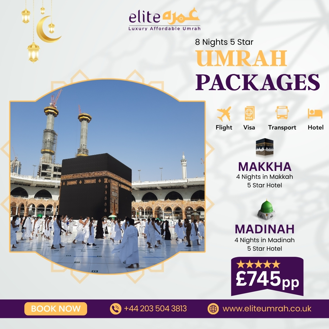 Elite Umrah Facebook ad: 8 Nights 5★ Umrah Package from £745