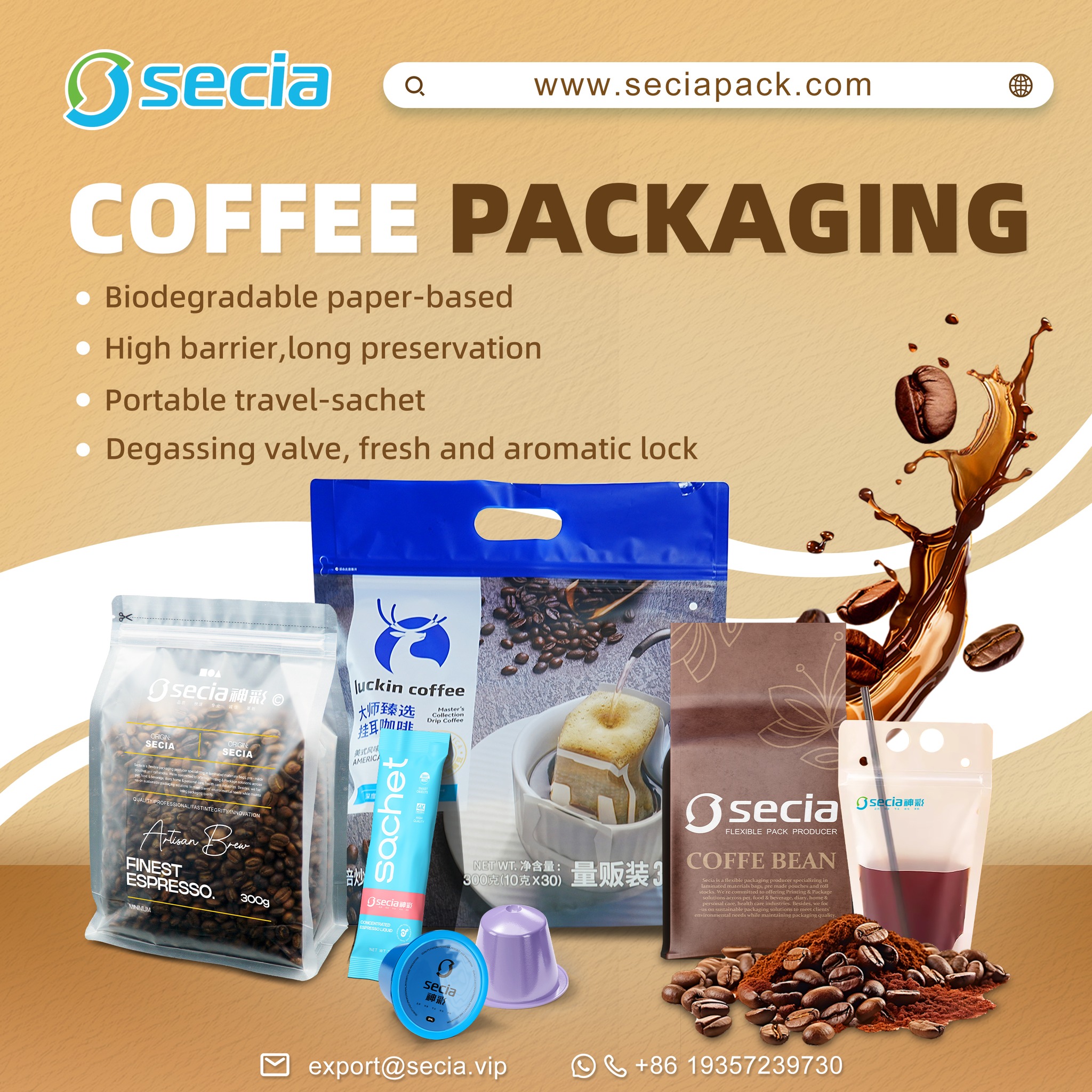 Seciapackaging Facebook ad: Eco-Friendly Coffee Packaging by Secia, Freshness Locked In…
