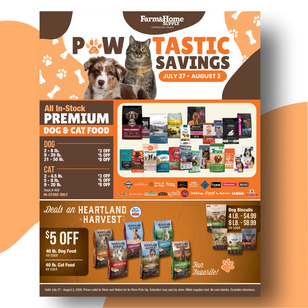 Farm and Home Supply Facebook ad: WOOF! These are some Paw-tastic Savings!