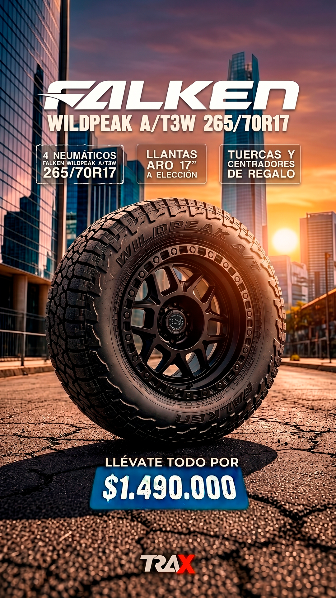 Trax Chile Facebook ad: Neumáticos Falken Wildpeak + Llantas 17'