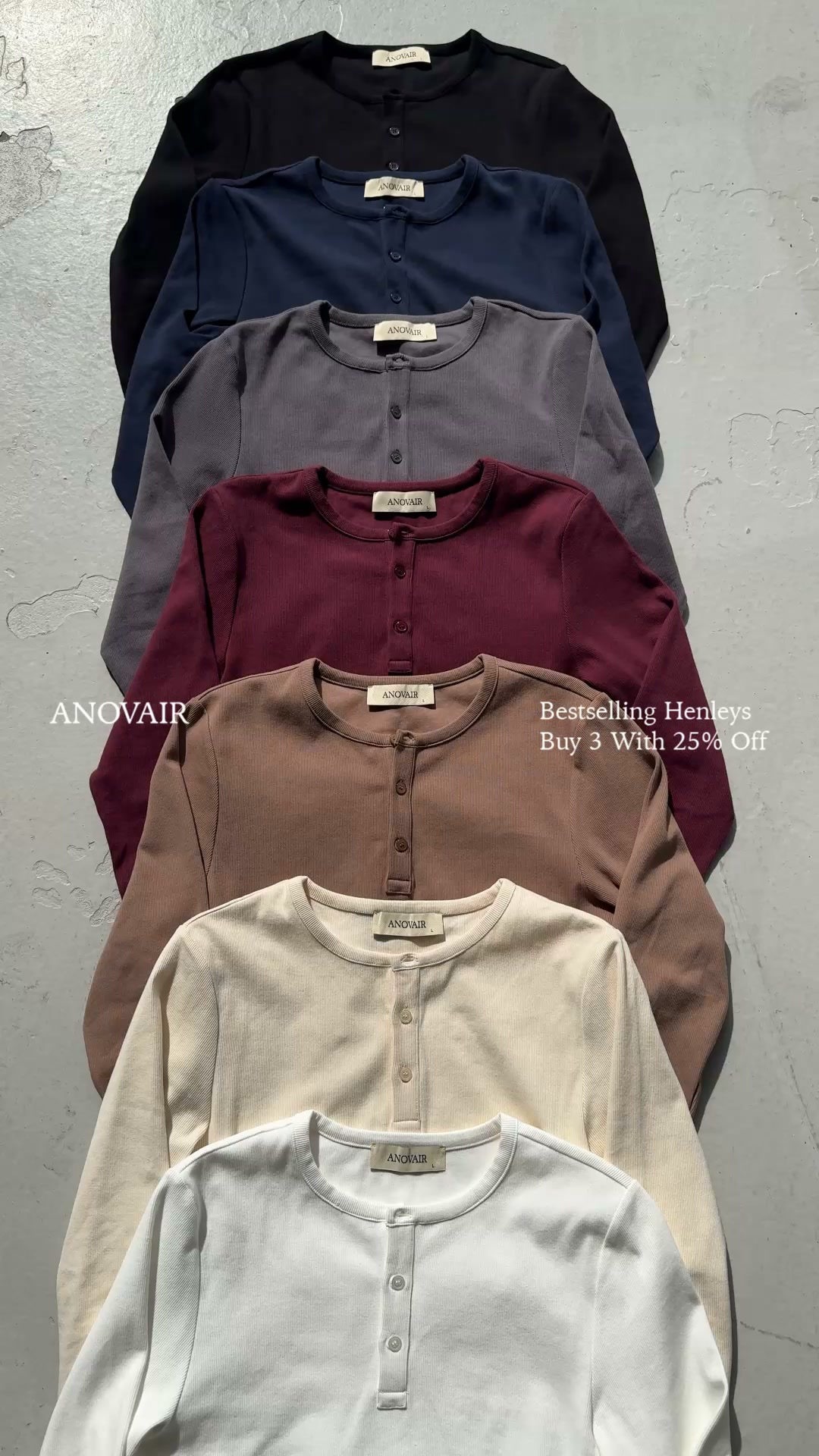 Anovair Facebook ad: Bestselling Henley Shirts, Buy 3 & Save 25%