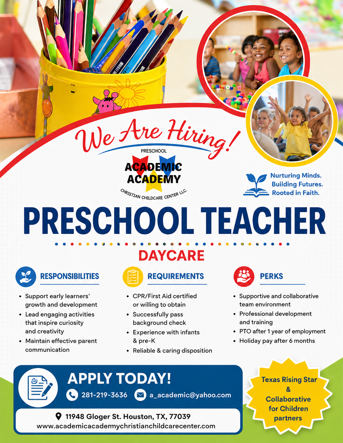 Academic Academy Christian Child Care Center Facebook ad: PSA: Preschool Teachers!