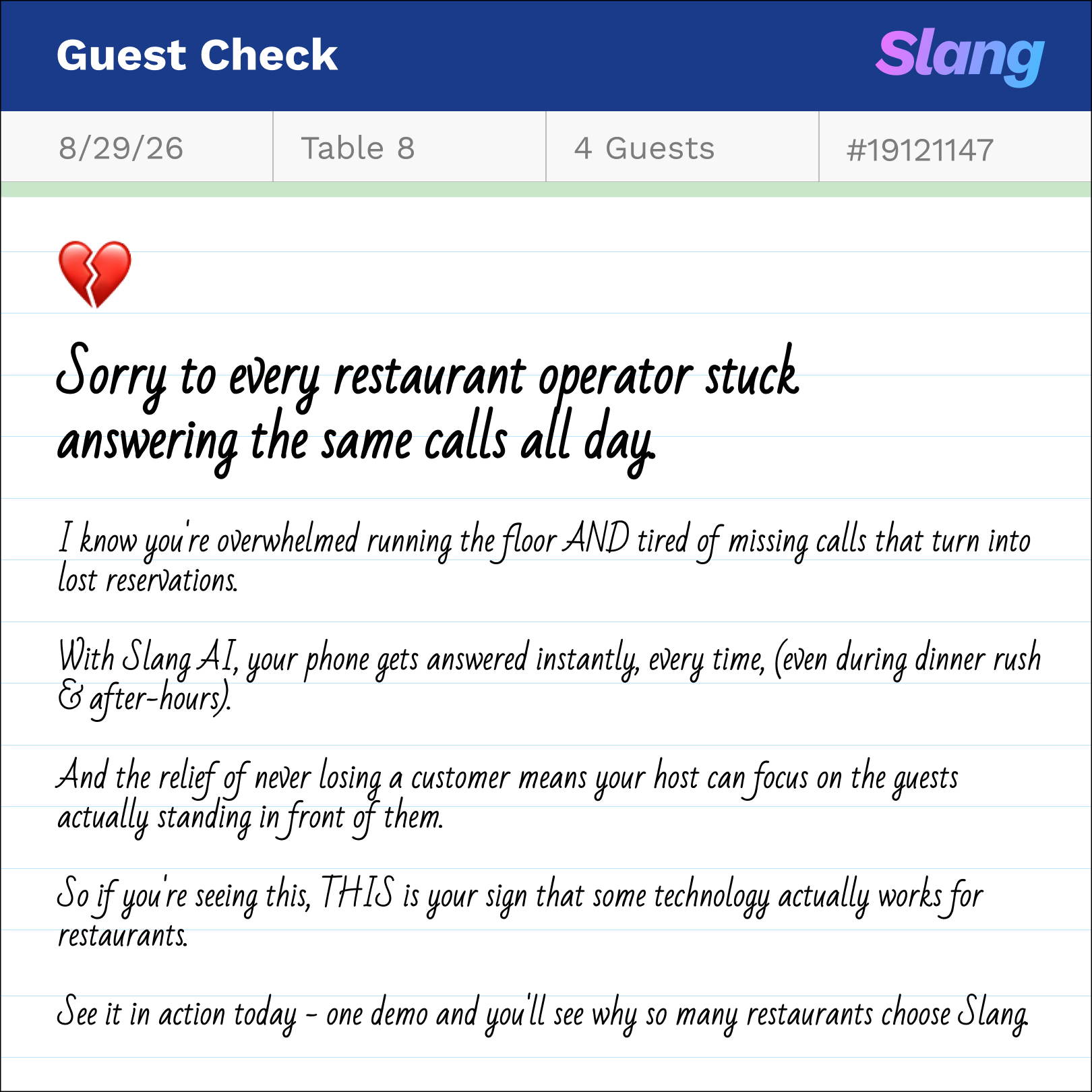 Slang AI Facebook ad: 24/7 Phone Answering for OpenTable Restaurants