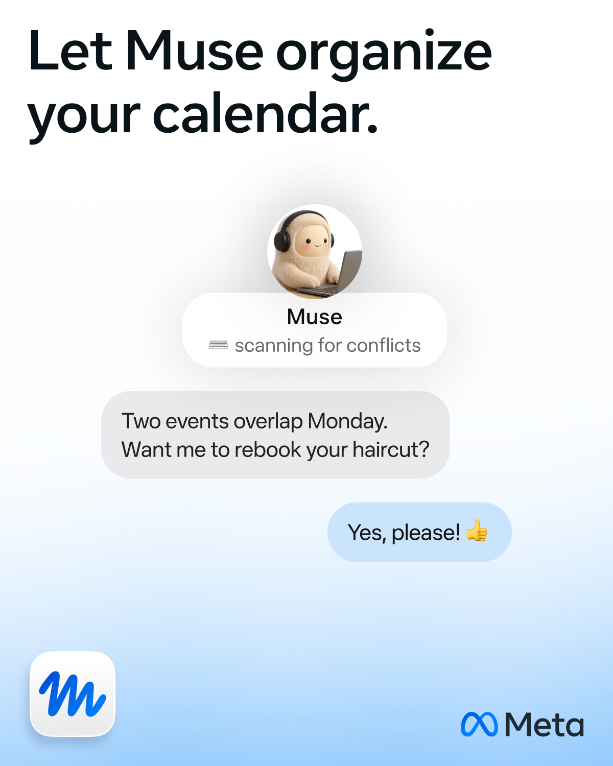 Muse Facebook ad: Muse can book appointments.