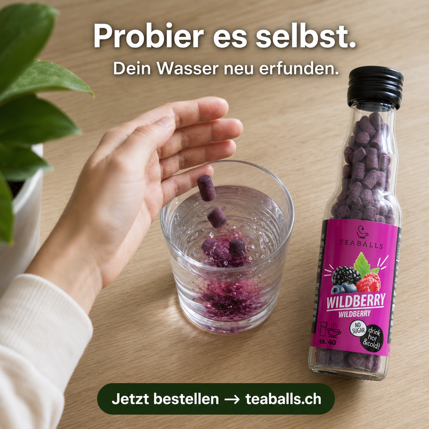 Teaballs.ch Facebook ad: Flavoured Water, so wie es sein sollte (angelehnt…