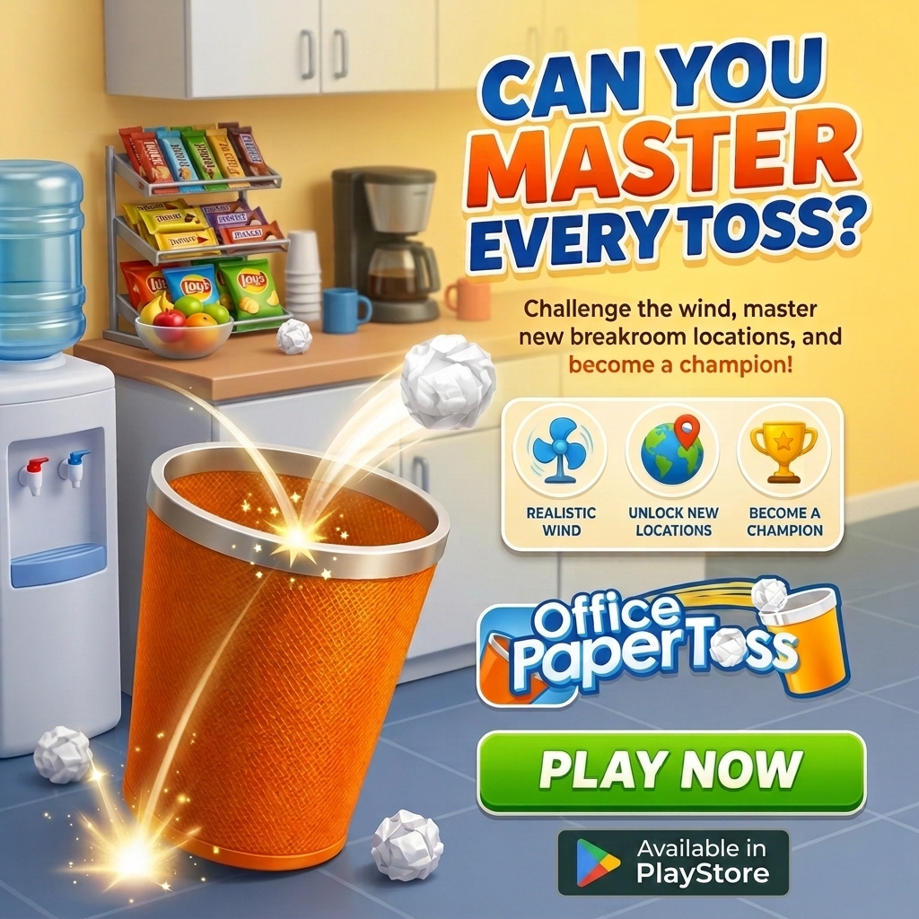 Paper Toss Office Facebook ad: Flick. Aim. Score.