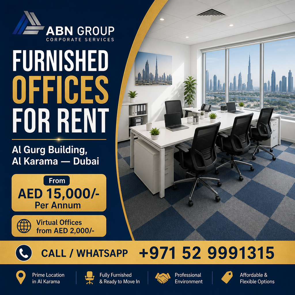 ABN Group Corporate Services Facebook ad: Furnished offices for rent at Al Gurg Building…