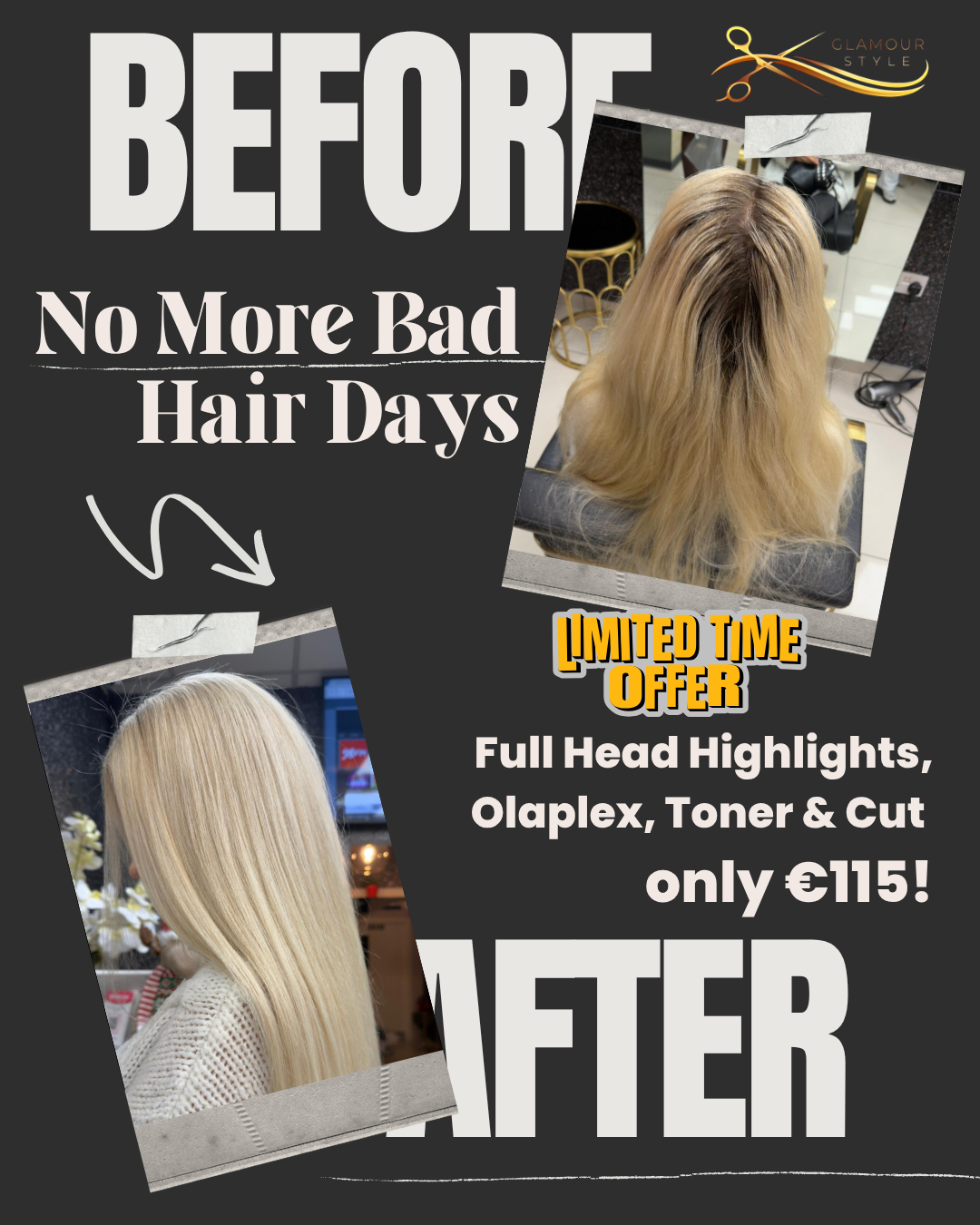Glamour style Facebook ad: Ready to End the Cycle of Bad Hair Days? The €115 Solution…
