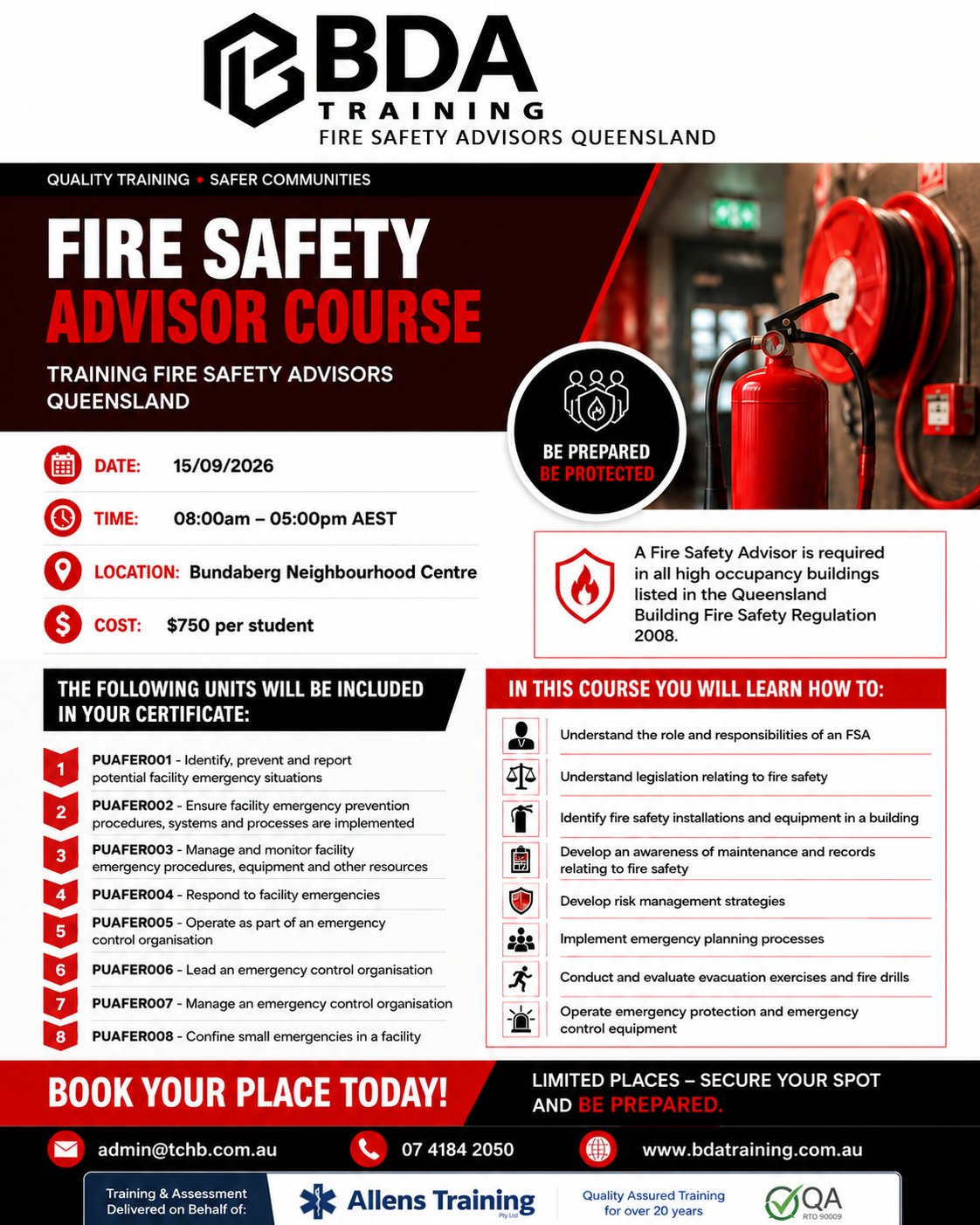 Training Centre Hervey Bay Facebook ad: FIRE SAFETY ADVISOR COURSE, BUNDABERG