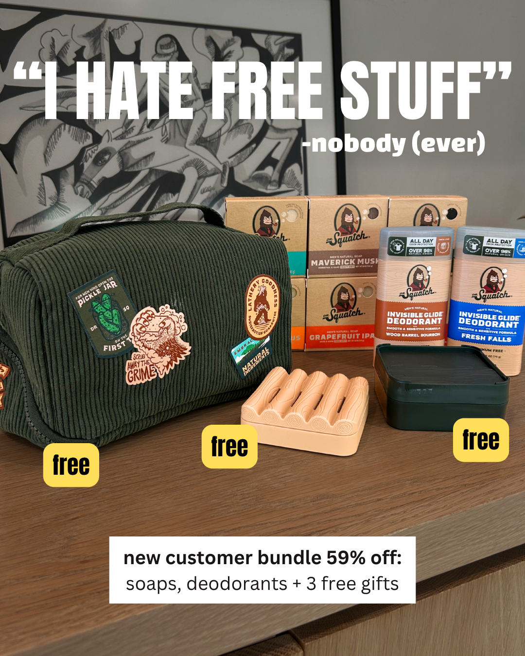 Dr. Squatch Facebook ad: 3 FREE GIFTS + 59% OFF