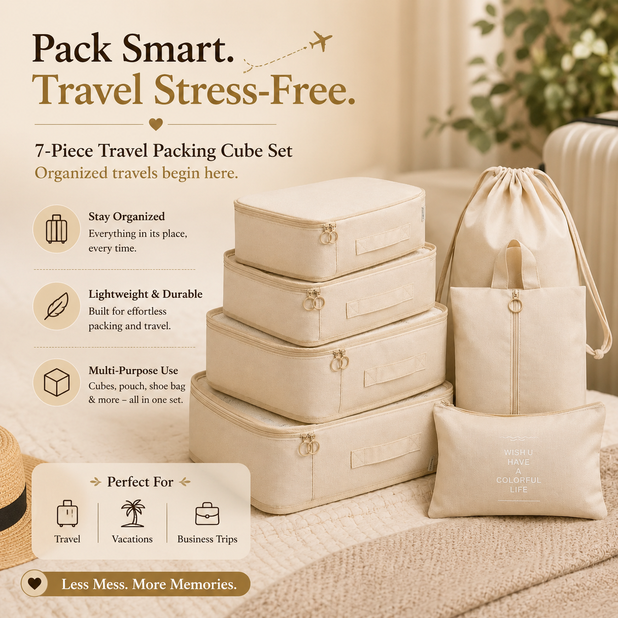 Heavenaura Facebook ad: Buy 7-Piece Travel Packing Cube Set!