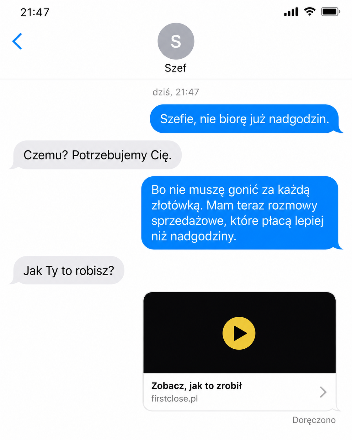 First Close Facebook ad: Zarabiaj na rozmowach 1:1