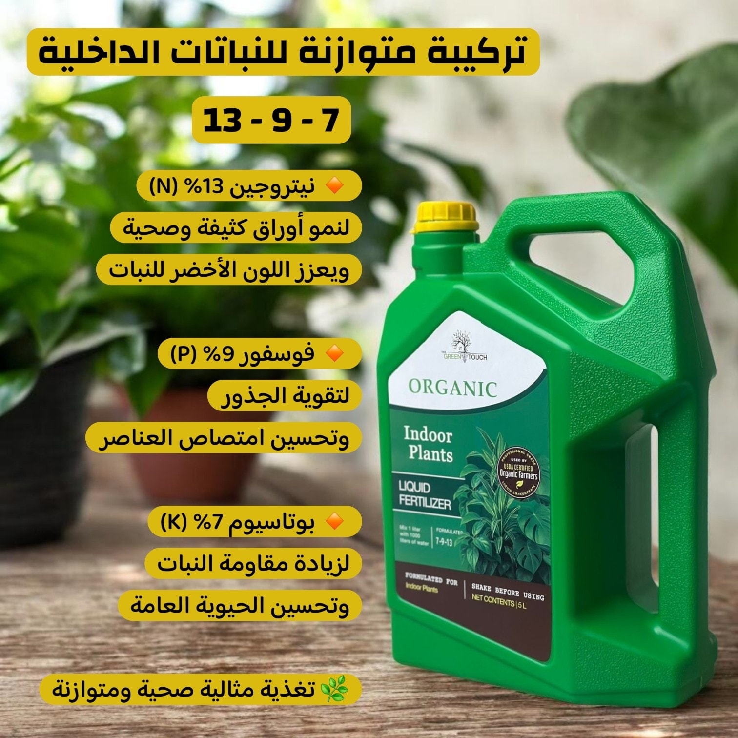 GREEN TOUCH Facebook ad: سماد متوازن للنباتات الداخلية, 13-9-7