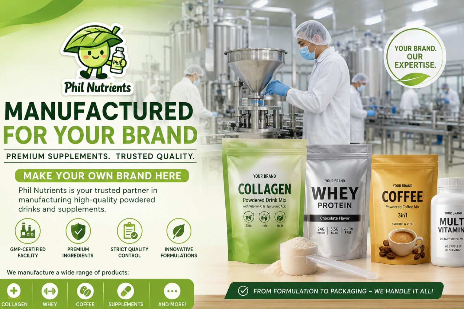 Phil Nutrients Manufacturing Facebook ad: Power up your brand with confidence