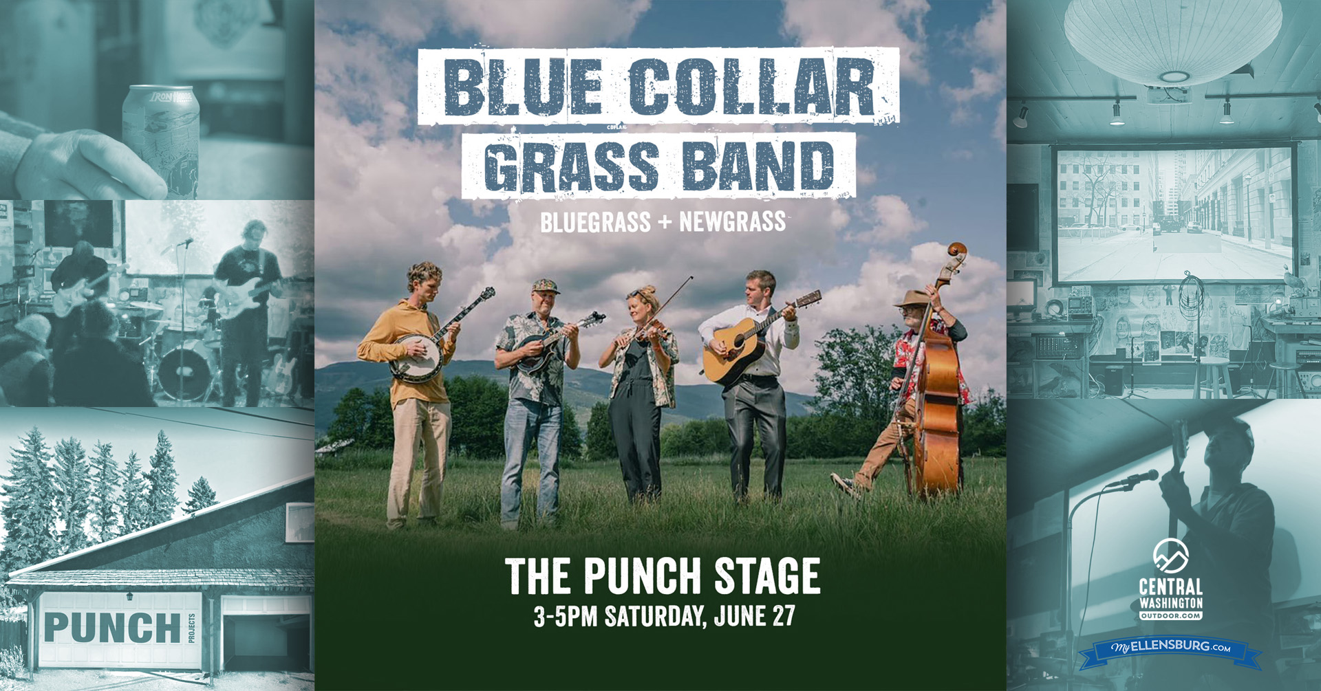 PUNCH Projects Facebook ad: Live Bluegrass at PUNCH! Blue Collar Grass Band