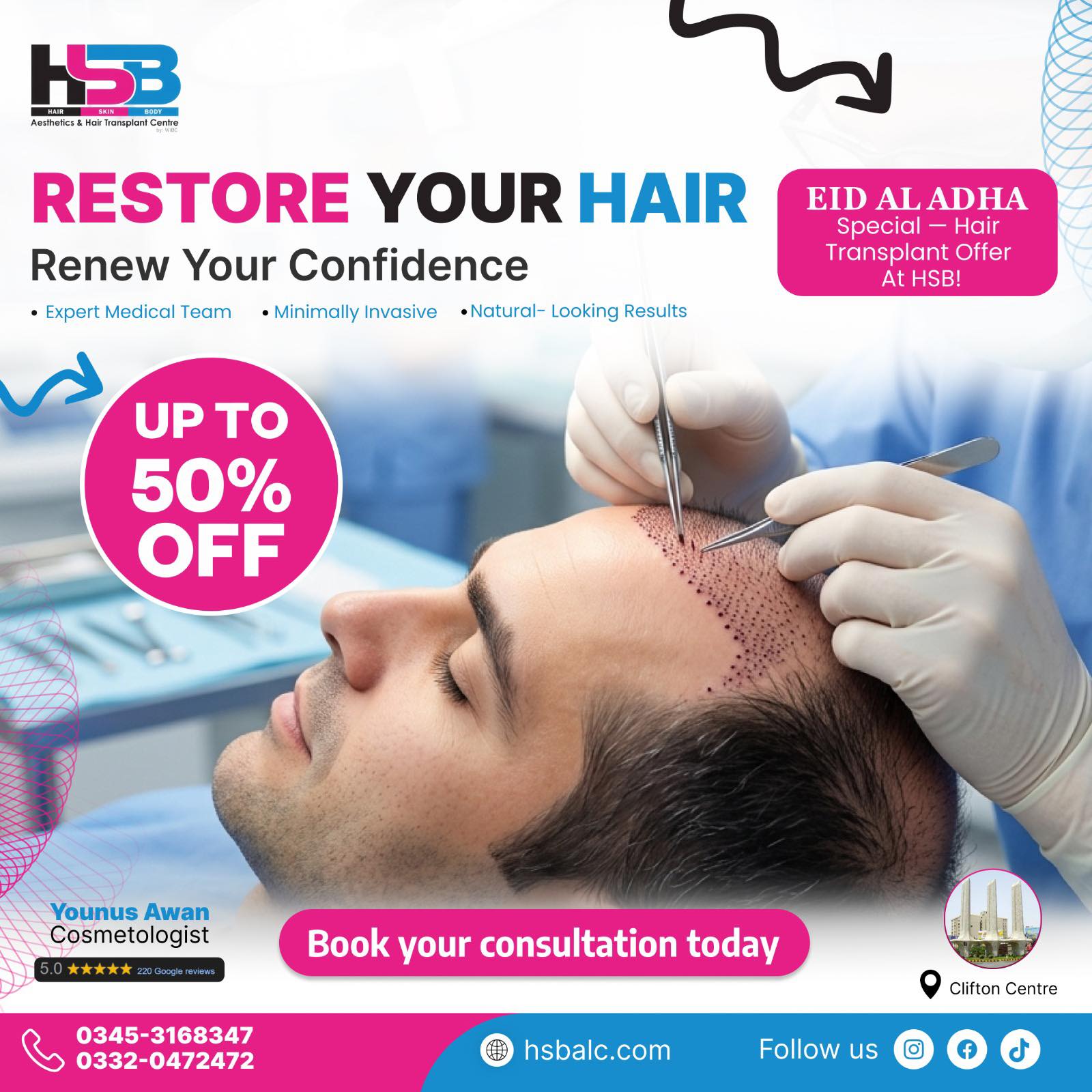 HSB Aesthetic Laser & Hair Transplant Centre Facebook ad: Eid ul Adha Special, Hair Transplant Offer at…