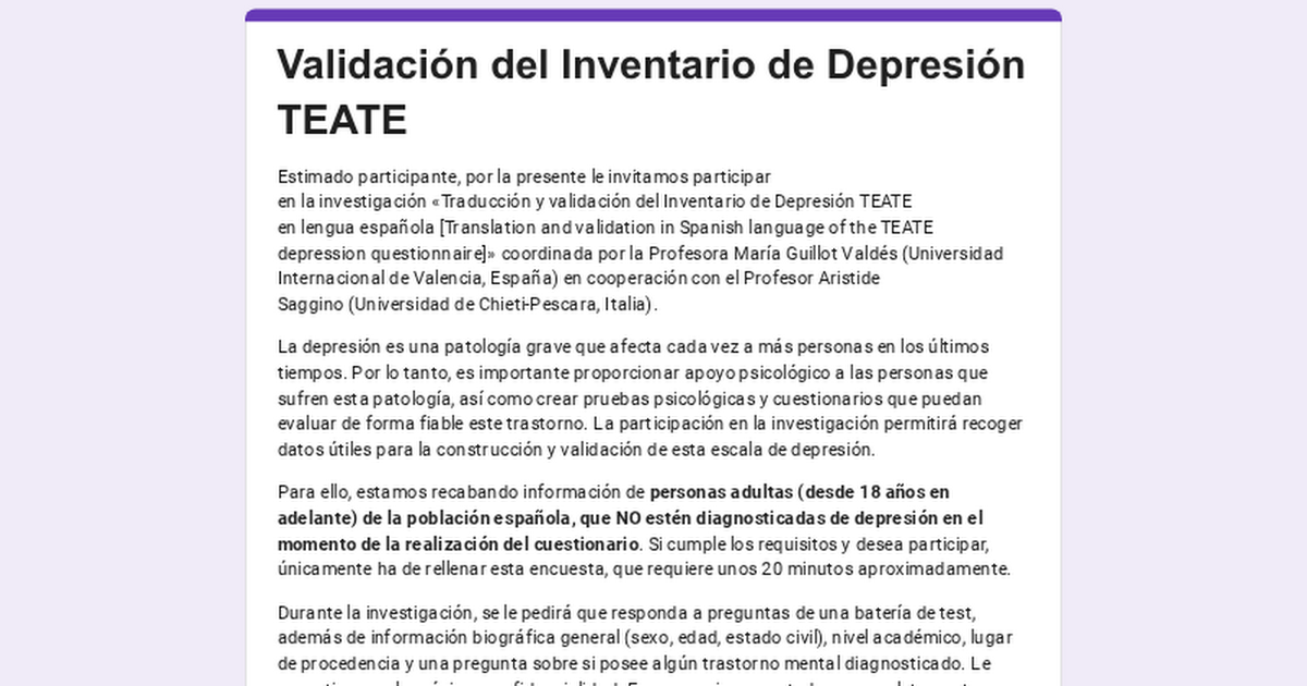 Maria Guillot Facebook ad: Validación del Inventario de Depresión TEATE