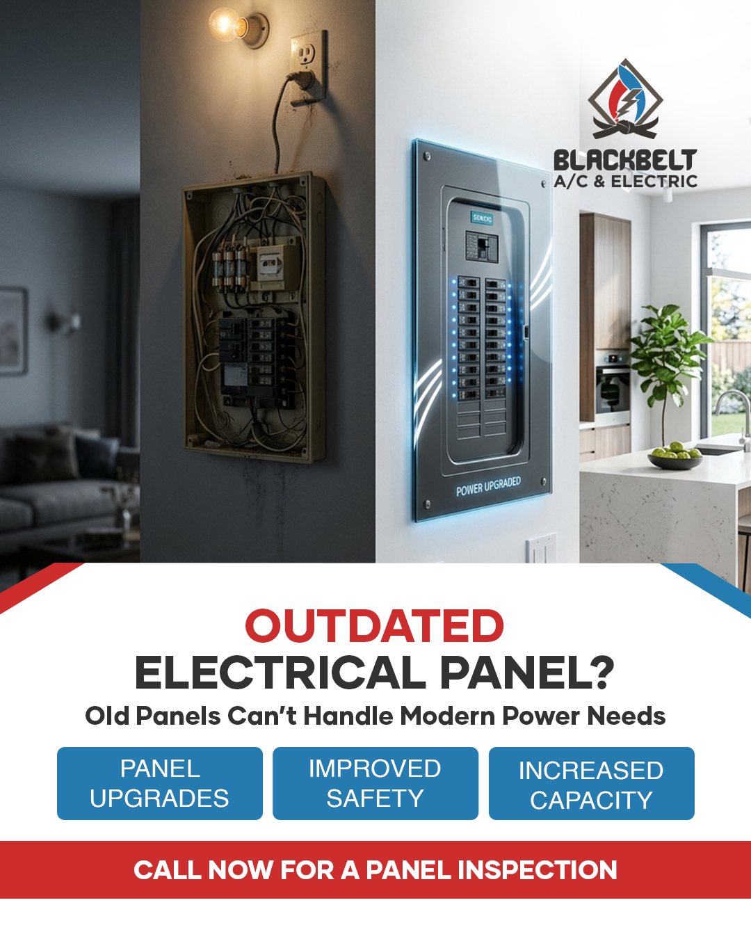 Blackbelt AC Heating and Electric Facebook ad: Call today and get your work done!