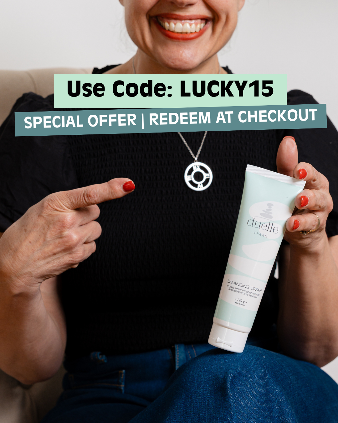 Duelle Balancing Cream Facebook ad: 15% OFF With Code ‘LUCKY15’