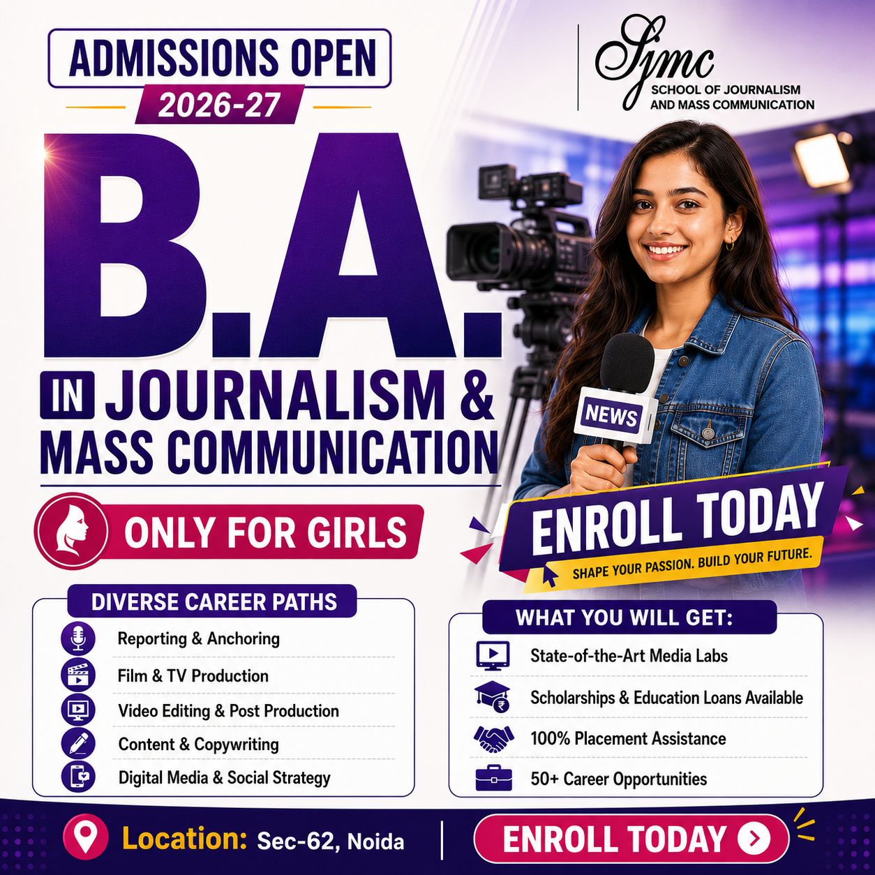 Satyam - School of Journalism & Mass Communication Facebook ad: BA in Mass Comm & Journalism | 2026-26